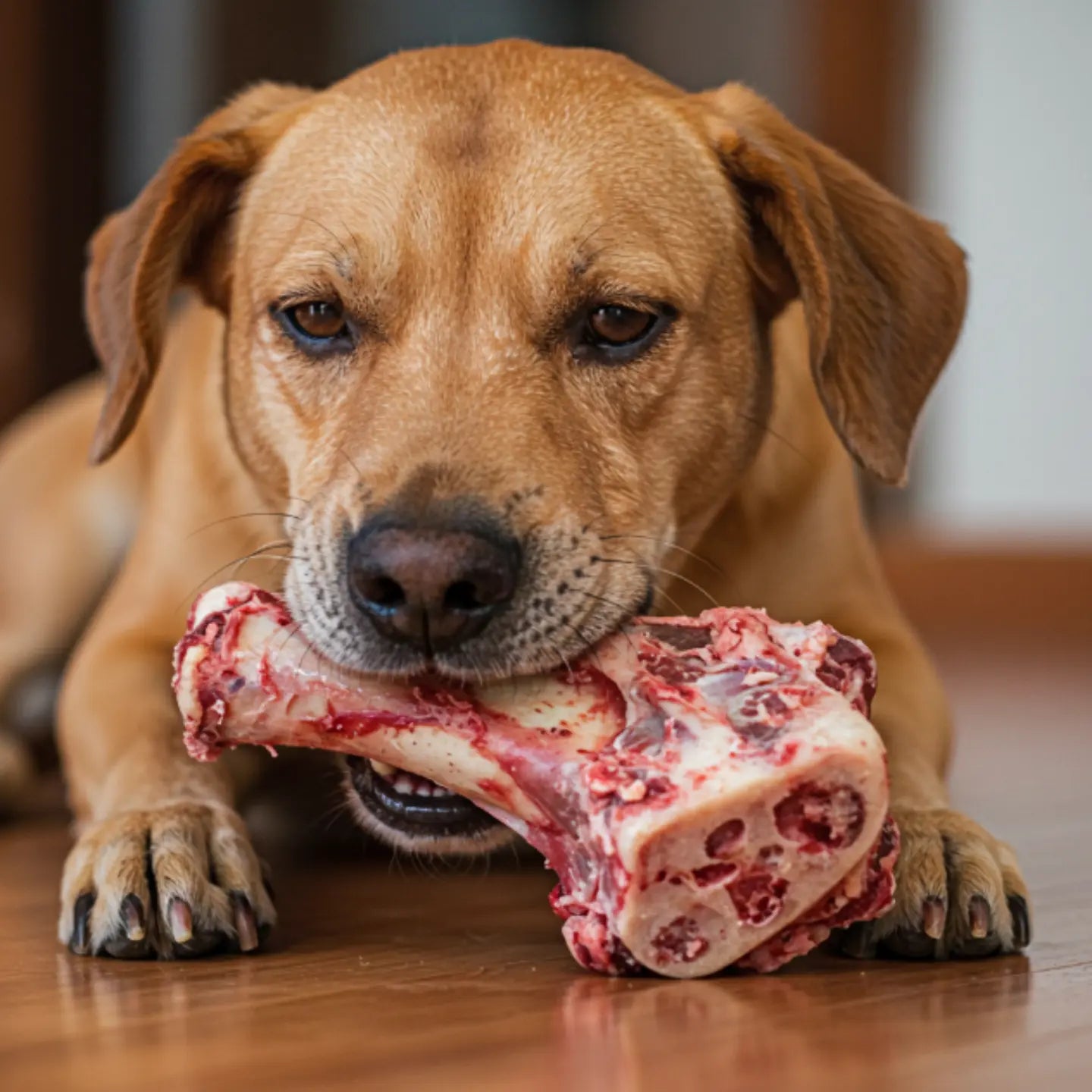 Dog chewing on a rawhide bone on a wooden floor.