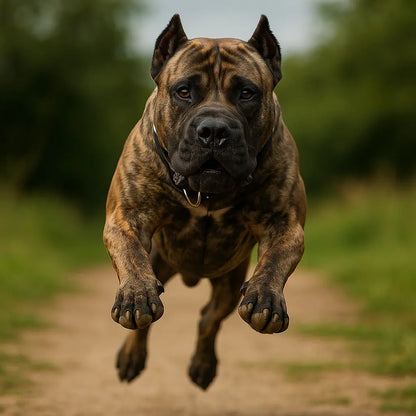 Dog running on a path with a blurred natural background
