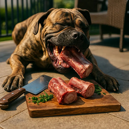 dog eating raw dog food in a wooden surface