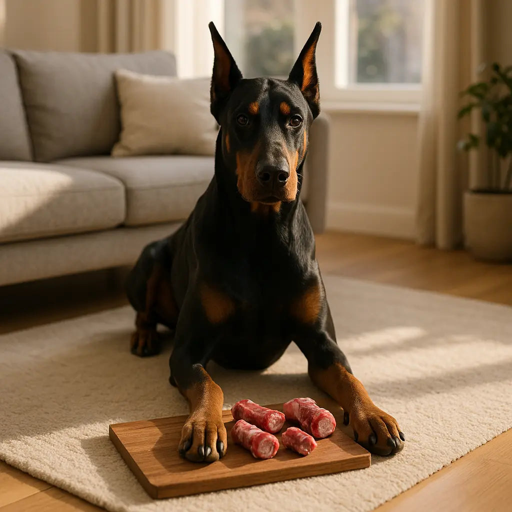 dog with his hand on the wooden surface with raw dog food