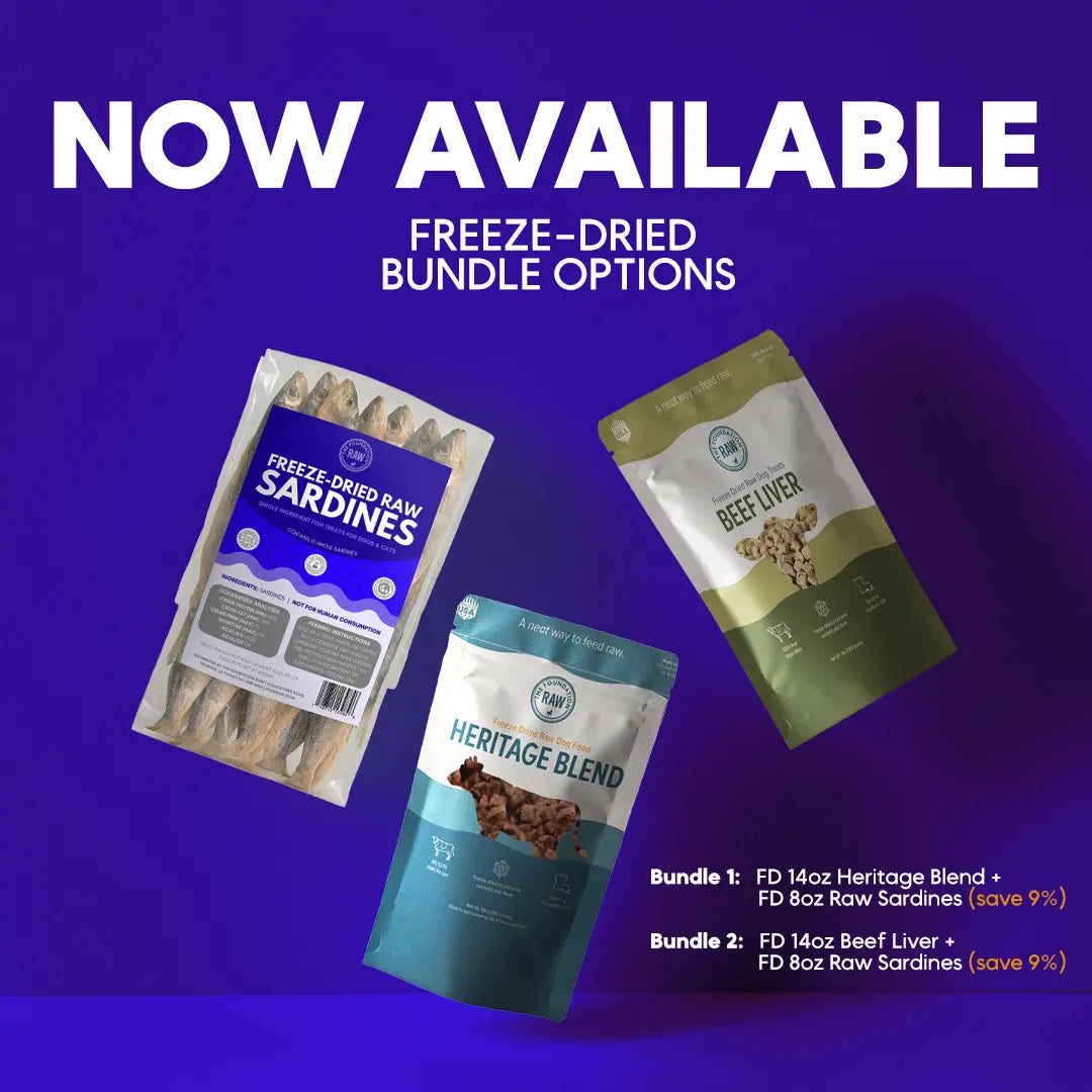 Three freeze-dried pet food packages on a purple background with promotional text.