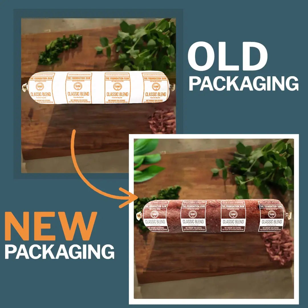 Comparison of old and new packaging for a product on a wooden surface with greenery.