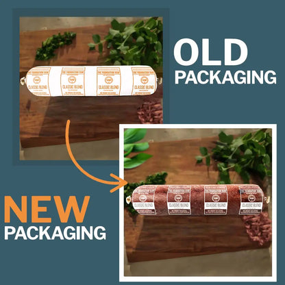Comparison of old and new packaging for a product on a wooden surface with greenery.