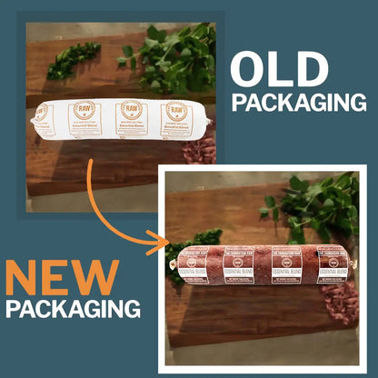 Comparison of old and new packaging for a product on a wooden surface with greenery.