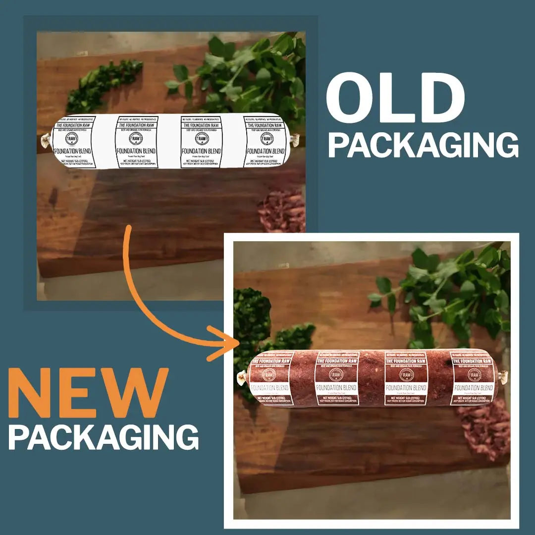 Comparison of old and new packaging for a product on a wooden surface with greenery.