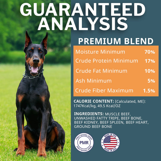 Dog sitting on grass with guaranteed analysis for a premium blend of dog food.