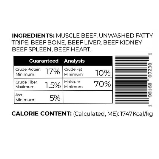 premium blend guaranteed analysis ingredients calorie content muscle beef unwashed fatty tripe beef bone beef liver beef kidney beef spleen beef heart crude protein crude fat crude fiber moisture ash