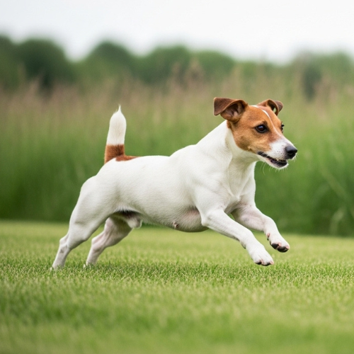 Dog running on grass with a blurred natural background
