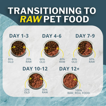 Diagram showing the transition to raw pet food with labeled percentages of old and raw food.