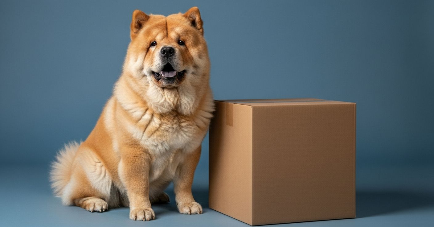 Dog sitting next to a cardboard box on a blue background
