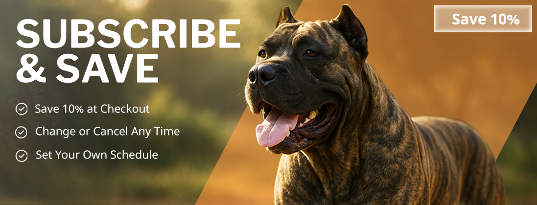 Dog with promotional text for subscribing and saving on a blurred natural background