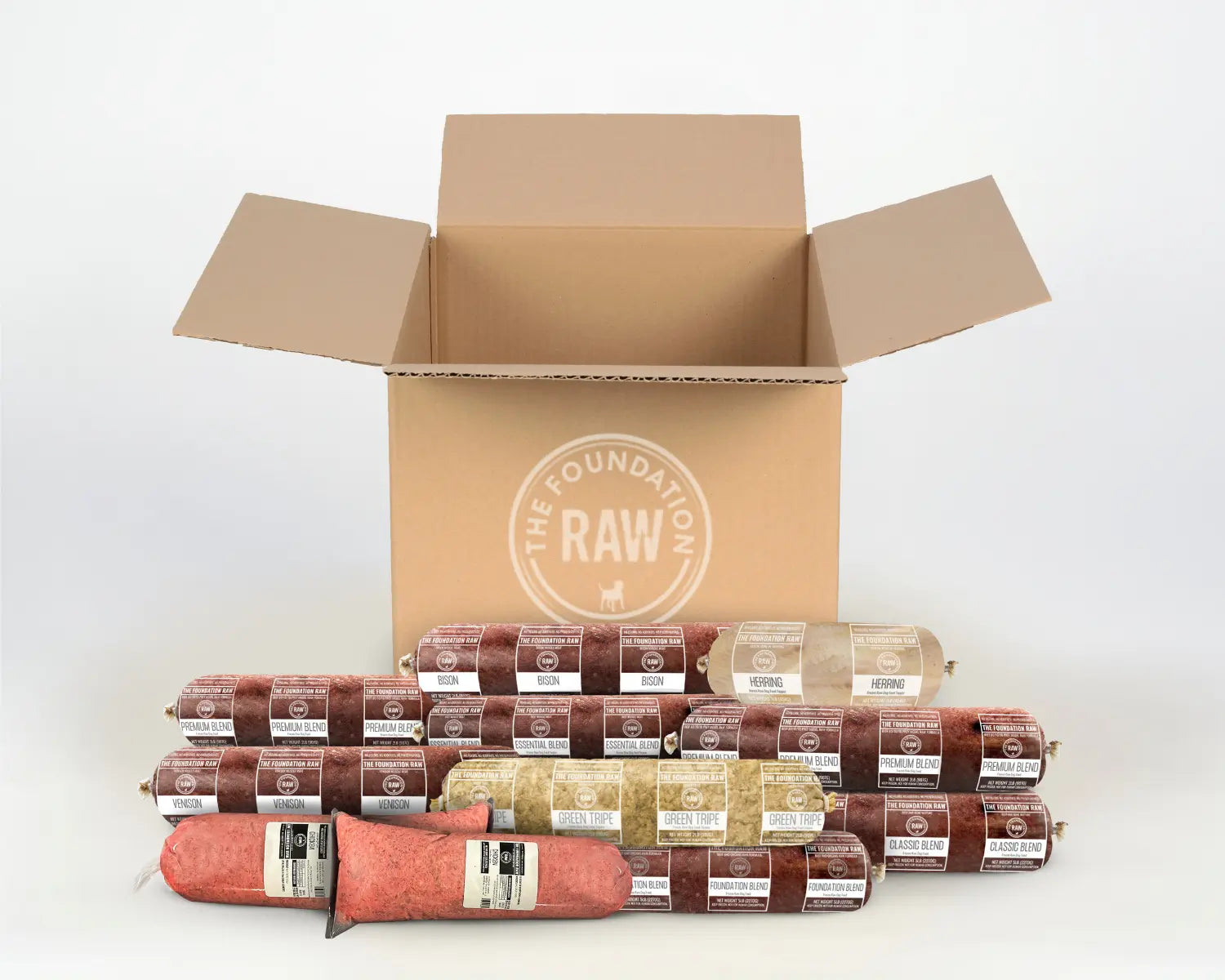 Open cardboard box with 'The Butcher's Box' logo and various sausages on a white background