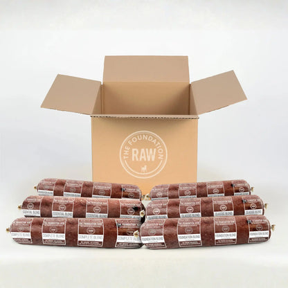 box with 3 different blends of raws dog food