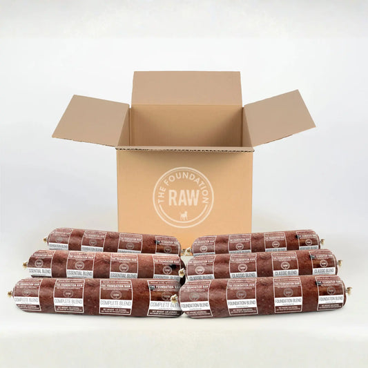 box with 3 different blends of raws dog food